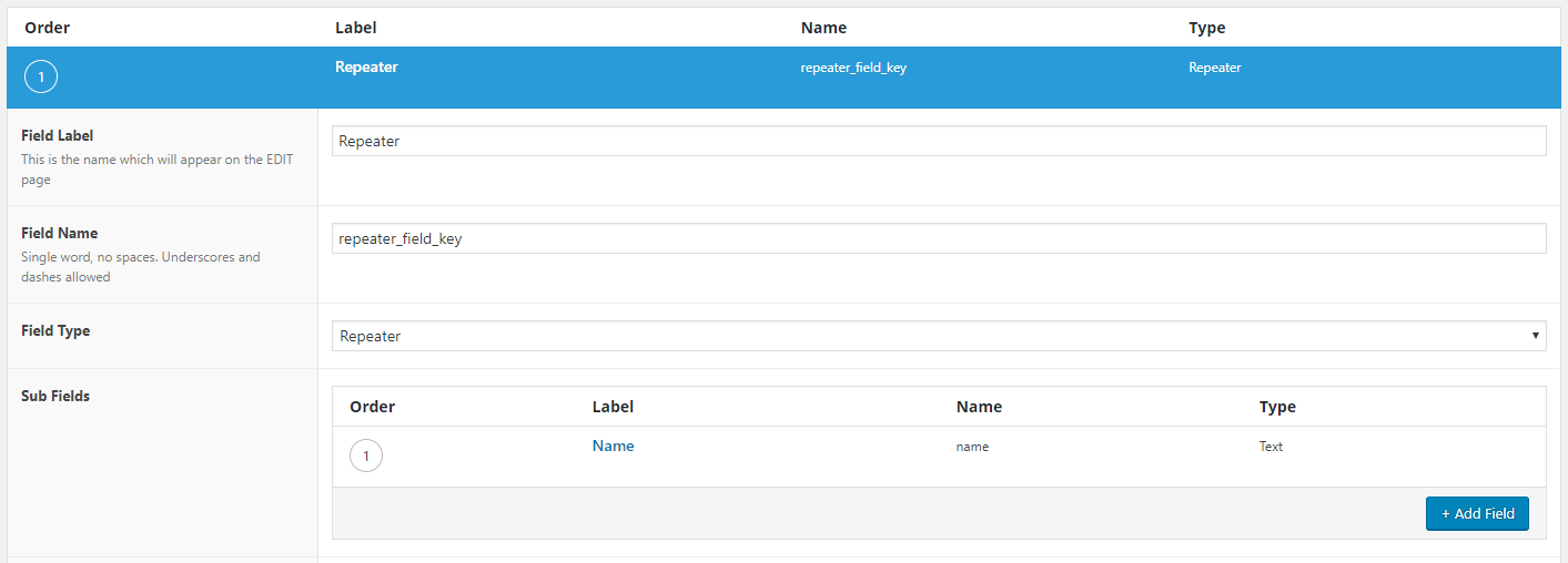 Repeater field configuration