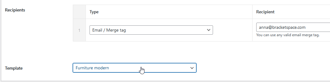 Notification template selection dropdown for Pretty Email integration
